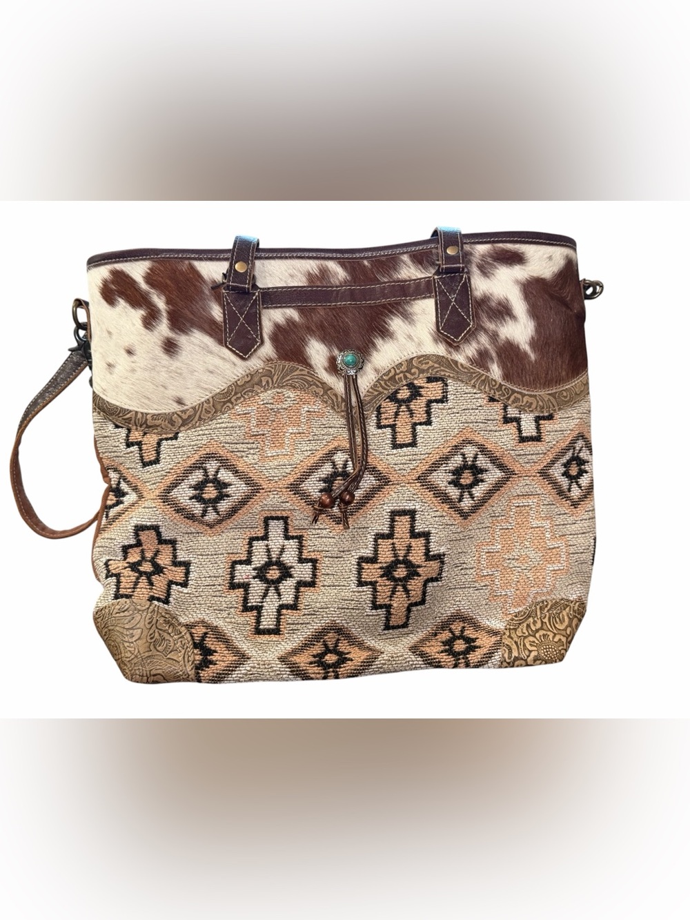 Myra Bags Rodolent Boho Woven Crossbody Tote Bag in Neutral Geometric Print